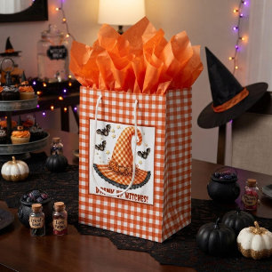 Orange Gingham Halloween Witch Hat & Bats Medium Gift Bag