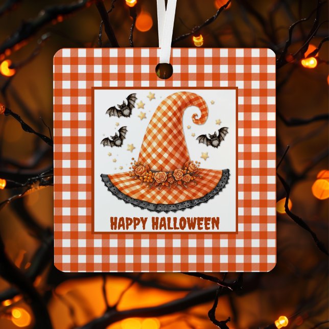 Orange Gingham Halloween Witch Hat & Bats Metal Ornament (Creator Uploaded)