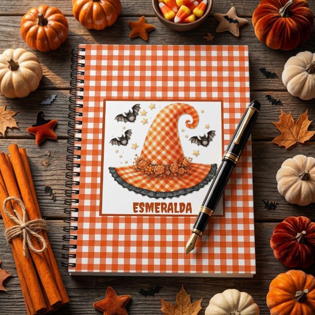 Orange Gingham Halloween Witch Hat & Bats Notebook (Creator Uploaded)