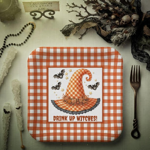 Orange Gingham Halloween Witch Hat & Bats Paper Plate