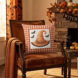 Orange Gingham Halloween Witch Hat & Bats Throw Pillow