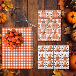Orange Gingham Halloween Witch Hat & Bats Wrapping Paper Sheet