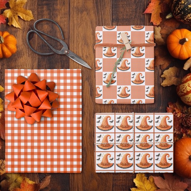 Orange Gingham Halloween Witch Hat & Bats Wrapping Paper Sheet (Creator Uploaded)
