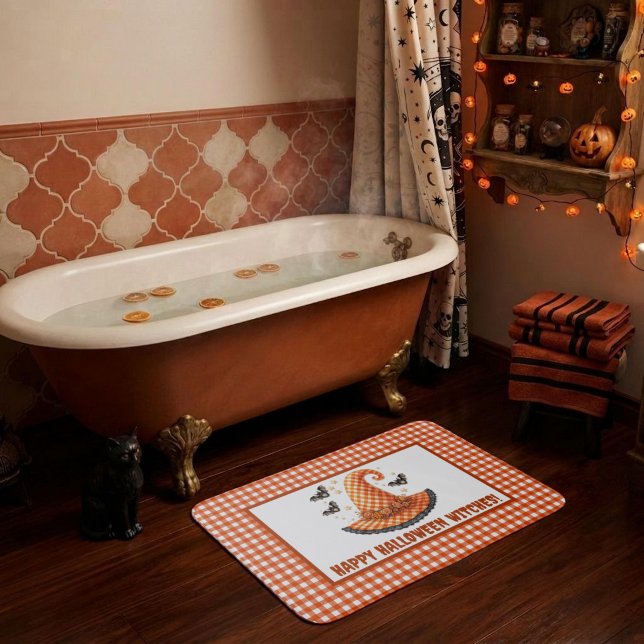 Orange Gingham Halloween Witch Hat Welcome Bath Mat (Creator Uploaded)