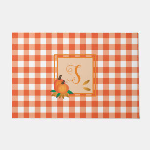 Orange Gingham Pattern Fall Monogram Doormat