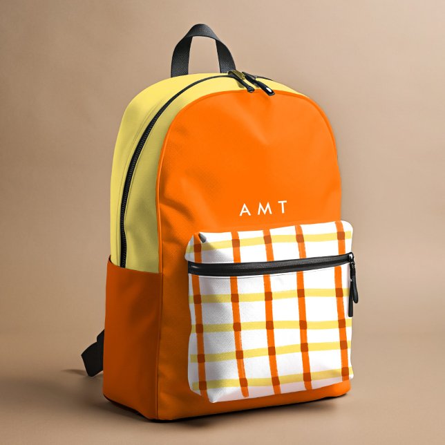 Orange Gingham Plaid Personalized Name Initials Printed Backpack (Creator Uploaded)