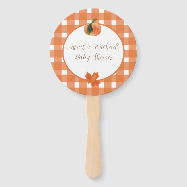 Orange Gingham Pumpkin Baby Shower Hand Fan (Front)
