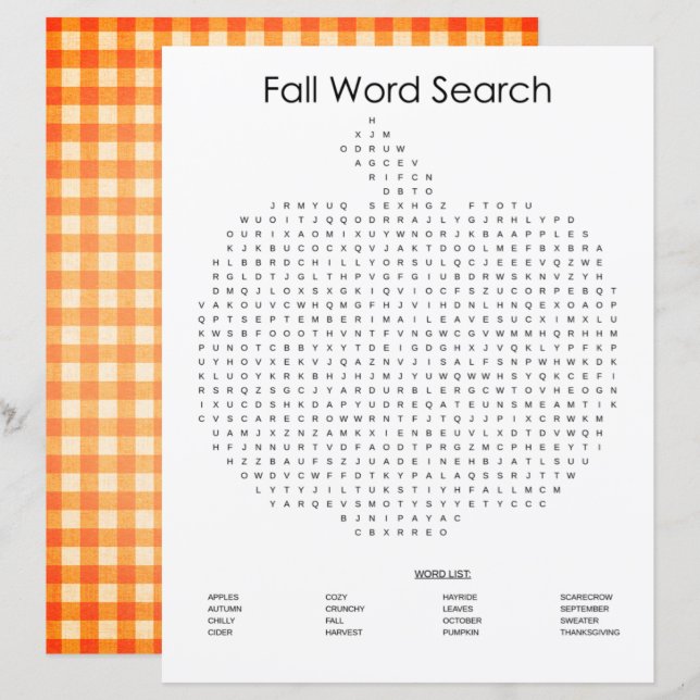Orange Gingham Pumpkin Fall Word Search (Front/Back)