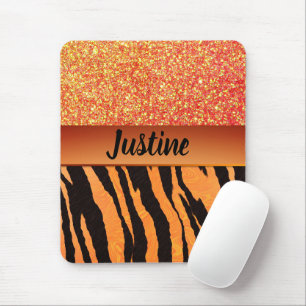 Orange Glam Glitter Tiger Print Mouse Pad