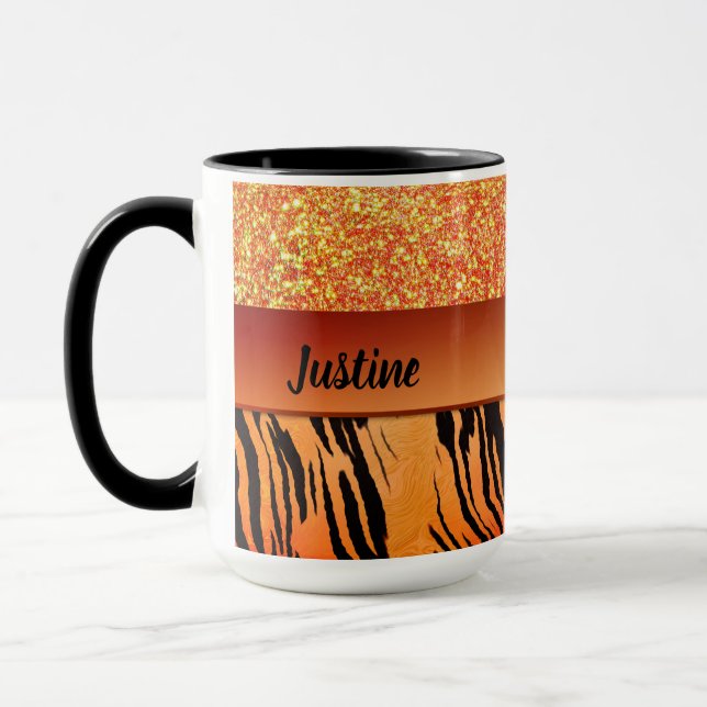 Orange Glam Glitter Tiger Print Personalized Mug (Left)