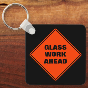 Orange glass work ahead road sign personalized keychain