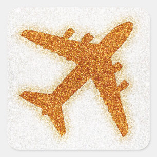 Orange glitter airplane round sticker labels