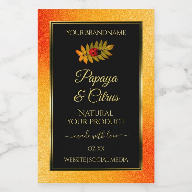 Orange Glitter Black Product Labels with Ladybug (Single Label)