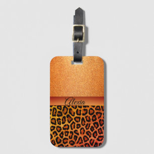 Orange Glitter Exotic Leopard Print Personalized Luggage Tag