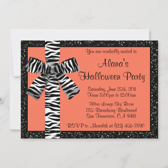 Orange Glitter Halloween Invite With Zebra Bow (Front)