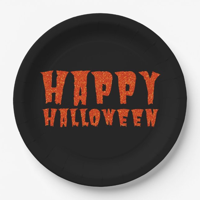 Orange Glitter Happy Halloween Paper Plate (Front)