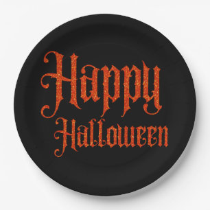 Orange Glitter Happy Halloween Paper Plate