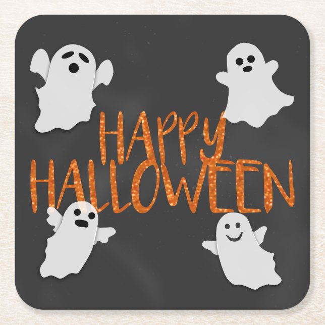 Orange Glitter Happy Halloween Square Paper Coaster (Front)