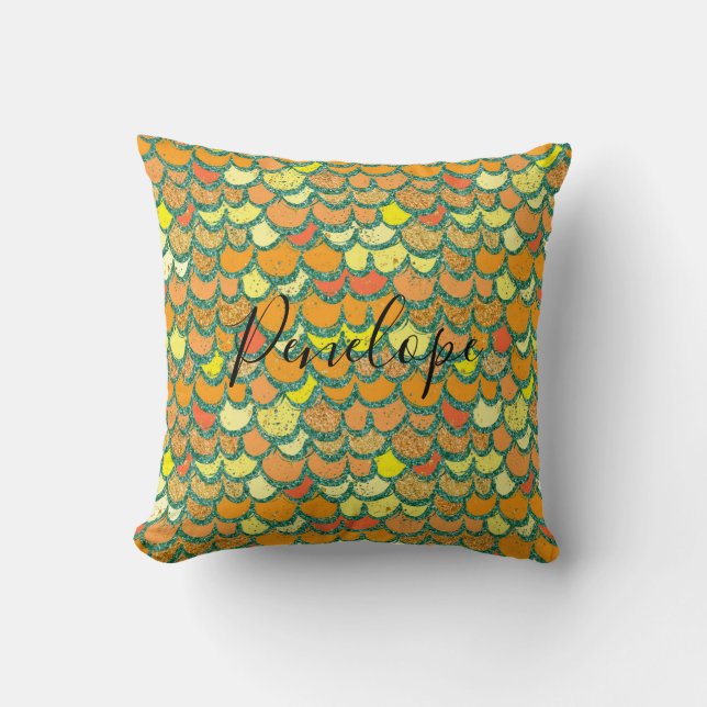 Orange Glitter Mermaid or Dragon Scales Throw Pillow (Front)