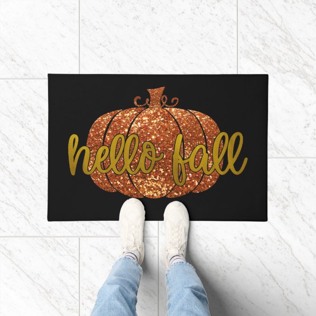 Orange Glitter Pumpkin Hello Fall Doormat (Indoor)
