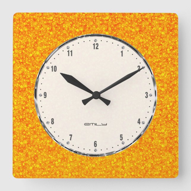 Orange Glitter & Sparkless Texture Square Wall Clock (Front)