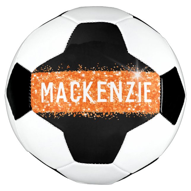 Orange Glitter Sparkly Name Personalized Soccer Ball (Rotated)