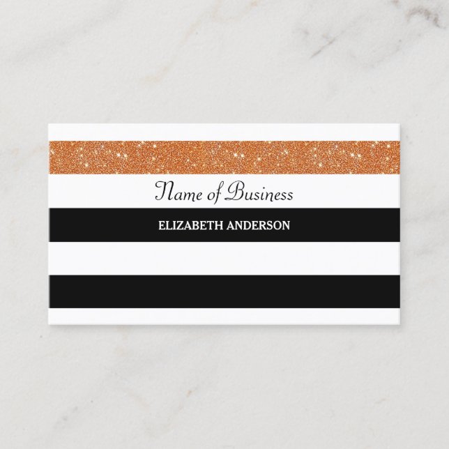 Orange Glitter Trendy Black and White Stripes Business Card (Front)