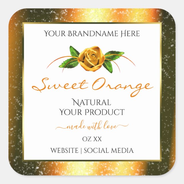 Orange Glitter White Product Labels Rose Flower (Front)