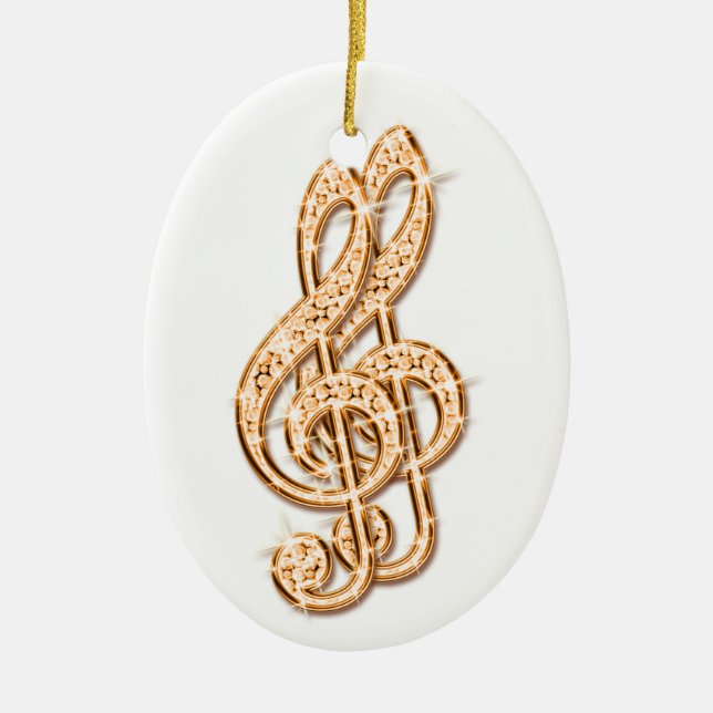 Orange Glitzy Sparkly Diamond Music Notes Ceramic Ornament (Front)