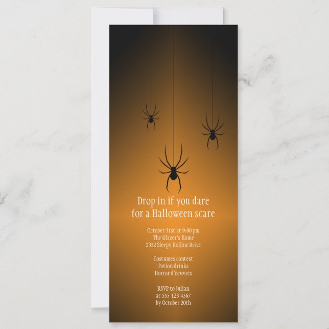 Orange glow black spider Halloween invitation card (Front)