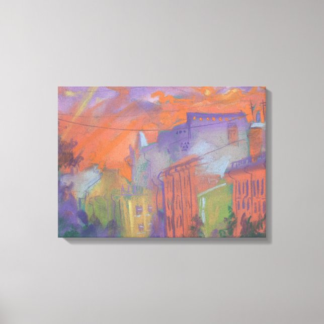 Orange Glow City Sunset Landscape Pastel Painting  Canvas Print (Front)