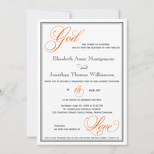 Orange God is Love Christian Wedding Invitations (Front)
