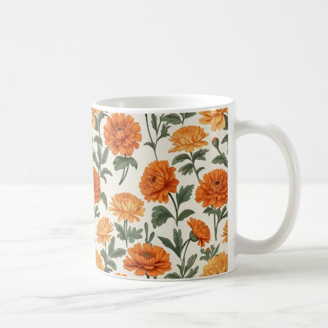 Orange Gold Autumn Marigolds Foliage Pattern Coffee Mug (Right)