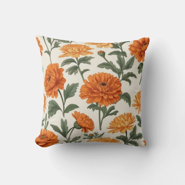 Orange Gold Autumn Marigolds Foliage Pattern Throw Pillow (Front)