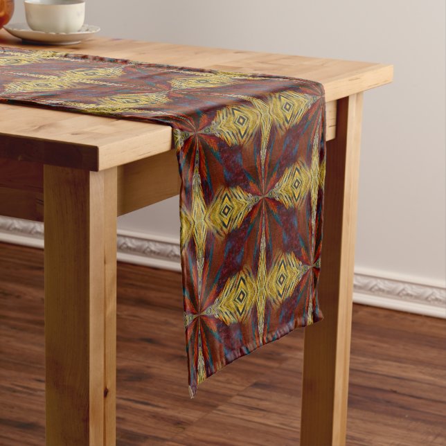 Orange Gold Blue Abstract Pattern Short Table Runner (In Situ)