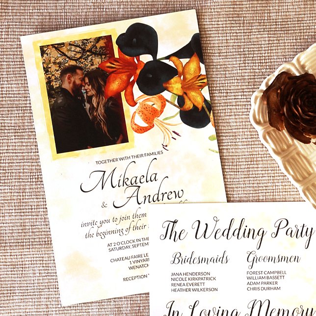 Orange, Gold, Blue Tiger Lily, Calla Lily Wedding  (Orange and Blue Lilies for Fall on a Photo Wedding Invitation)