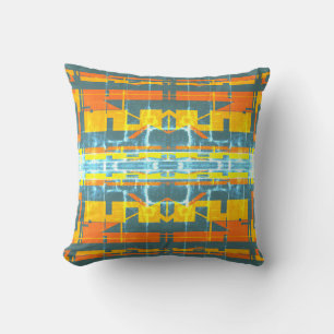 Orange Gold Blue White Patterned Southwest Look Throw Pillow