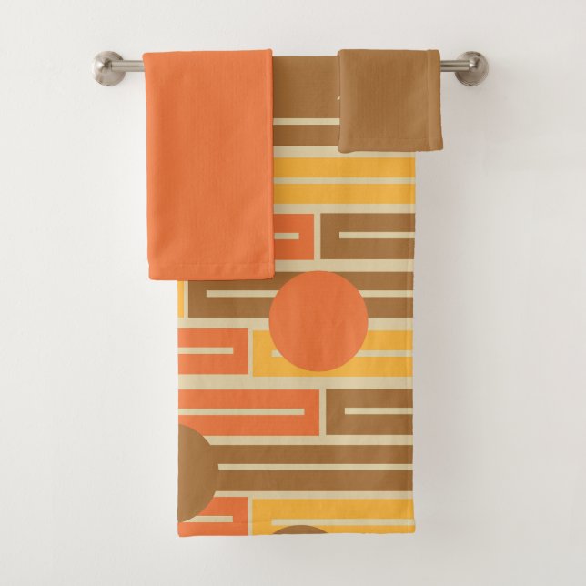 Orange, Gold, Brown Rectangles and Circles Bath To Bath Towel Set (Insitu)