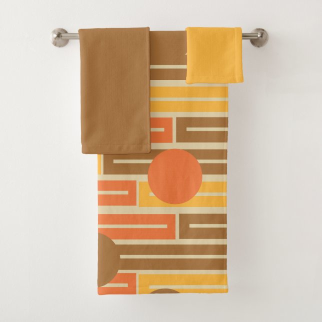 Orange, Gold, Brown Rectangles and Circles Bath To Towel Set (Insitu)