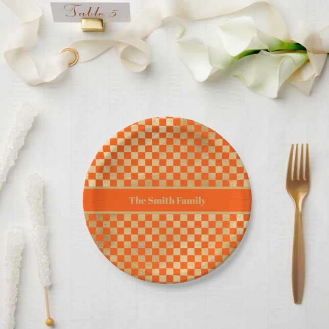 Orange Gold Chequered Paper Plate (Wedding)