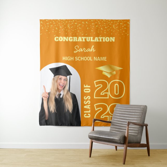 Orange & Gold Custom Graduation Backdrop & Photo Tapestry (In Situ)