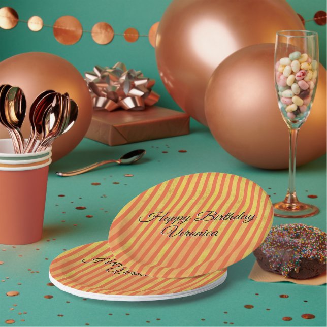 Orange Gold Distressed Stripes Personalized Retro Paper Plate (Multi)