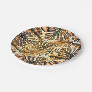 Orange Gold Elegant Tropical Palm Leaves Wedding Paper Plate