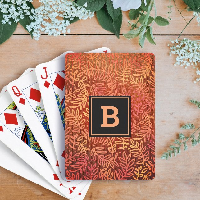 Orange gold foliage leaves pattern modern monogram playing cards (Creator Uploaded)