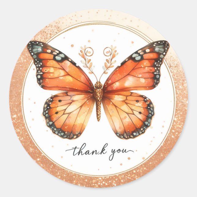 Orange Gold Glitter  Butterfly - Thank you - Classic Round Sticker (Front)