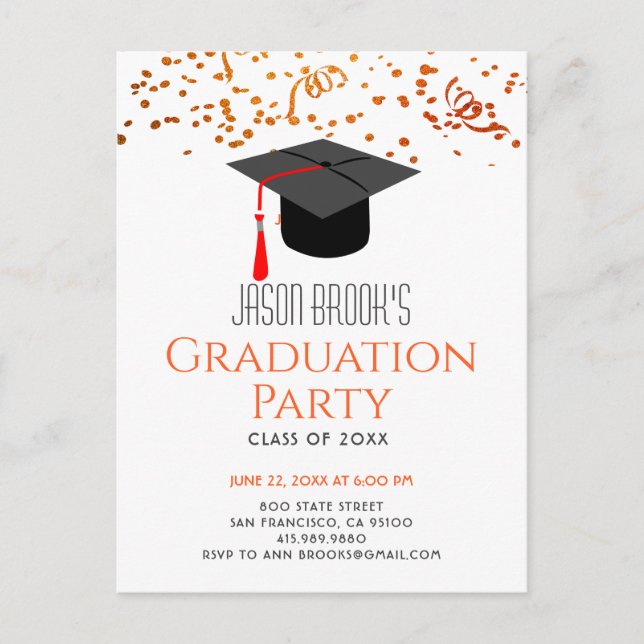 Orange Gold Glitter Confetti Graduation Party Invitation Postcard (Front)