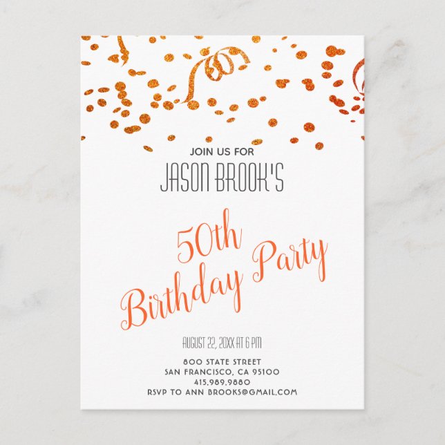 Orange Gold Glitter Confetti White 50th Birthday Invitation Postcard (Front)