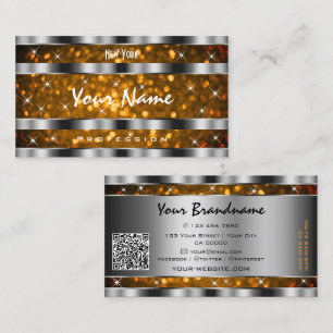 Orange Gold Glitter Sparkle Stars QR Code Silver Business Card
