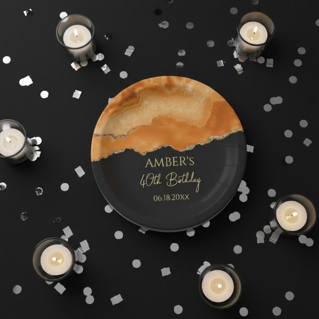 Orange Gold Glitter  Watercolor Marble Paper Plate (Creator Uploaded)