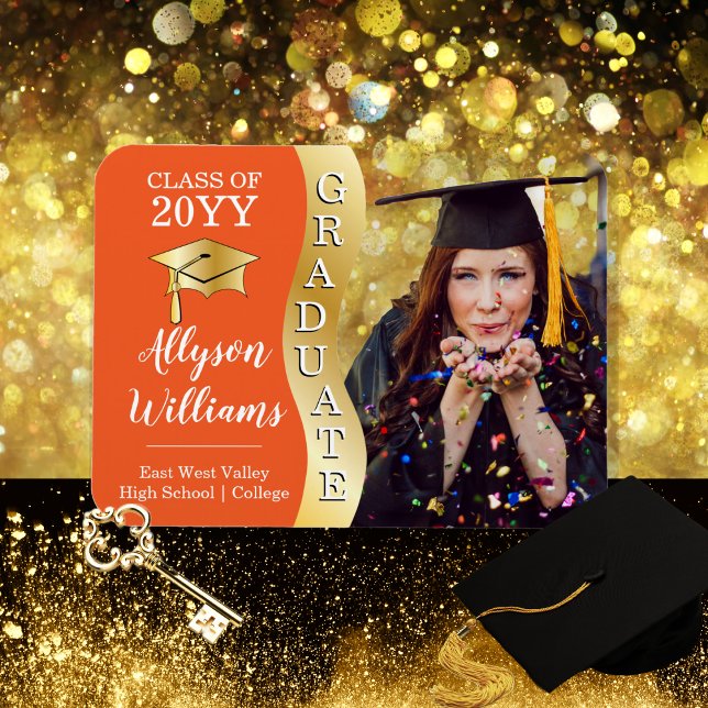 Orange | Gold Graduate Wave Grad Cap Photo Magnet (Elegant Classy Orange and Gold Tone "Graduate" Wave Grad Cap Photo Graduation Magnet Announcement)